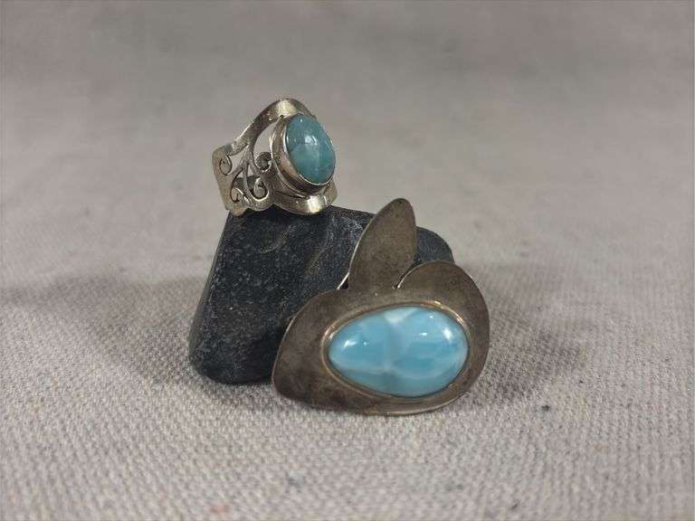 Larimar and Sterling ring and brooch 10.6 g total weight image