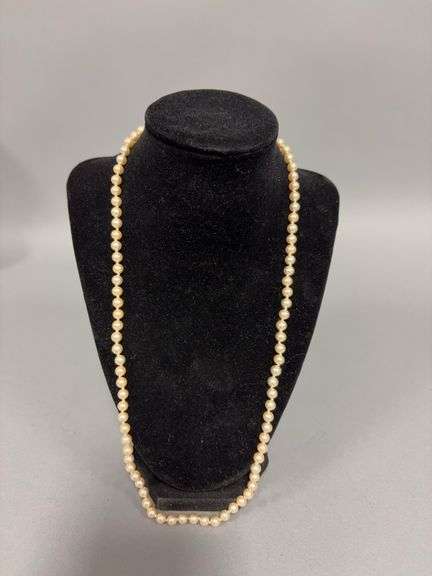 Pearl? necklace, overall length 24”, unmarked, knotting between baubles image