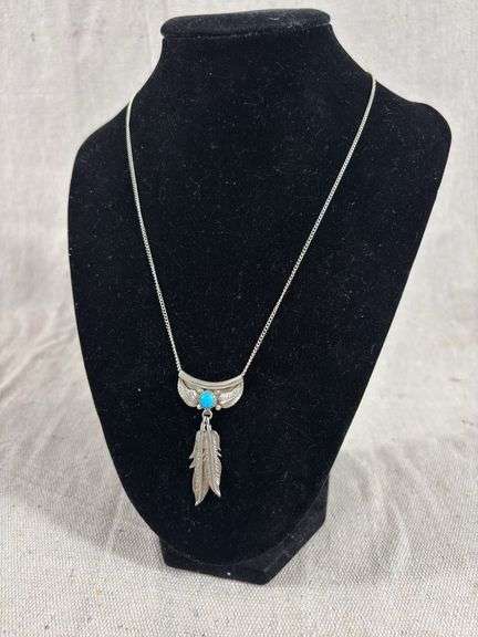Sterling and turquoise feather motif pendant with broken chain clasp 5.9 grams image