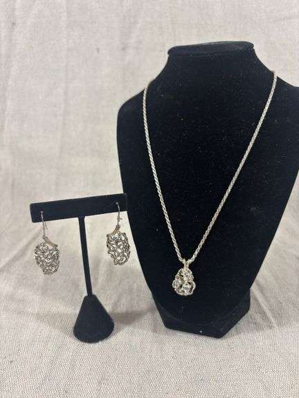 Sterling silver dangle earrings and sterling pendant with CZ stones on silver chain 25.2 g total weight image