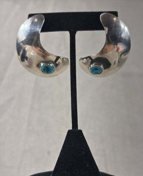 Sterling and turquoise modern looking half moon post earrings 13 g total weight image