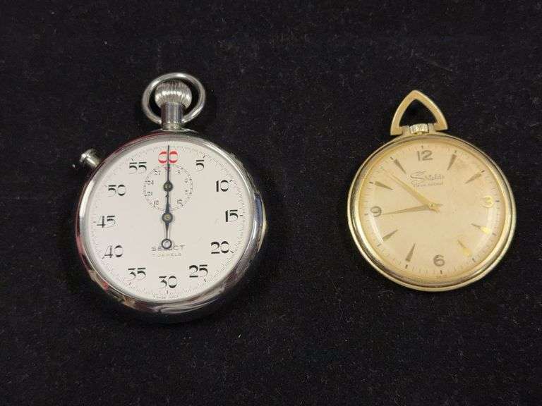 Select 7 jewel Swiss made stop watch, no crystal& cannot get back off, and Shields Fifth Ave pocket watch image