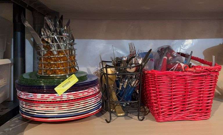 Variety of plastic dishes, flatware etc... image