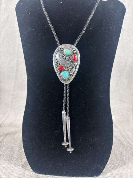 Vintage sterling with turquoise and coral traditional Navajo style Bolo tie 57.55 g total weight image