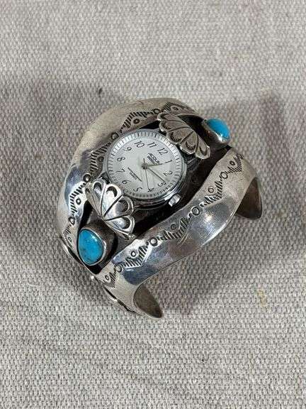 EN marked vintage stamped shadowbox style turquoise watchband cuff with watch 80 g total weight image