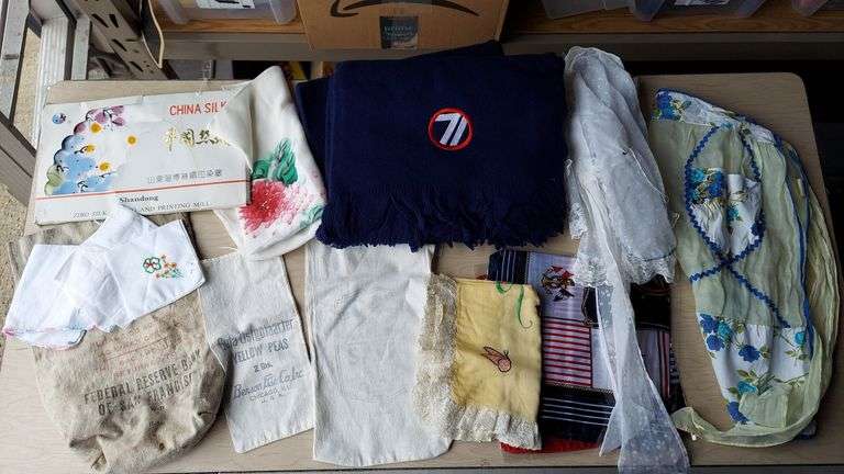 Linens, fabric items, 71st Infantry Amana blanket, lace aprons, flour sacks, Chicago Cubs 2016 World Series Champions flag image
