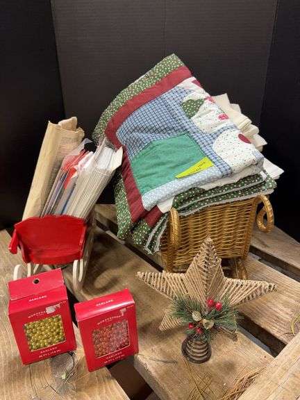 Tree topper, beaded garland, Christmas sewing patterns, flour sacks, two handiwork towels, etc image