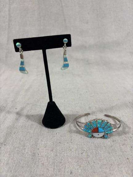 Sterling, opal and turquoise Zuni sunface cuff and post earrings 22.8 grams total weight image