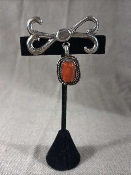 Unmarked vintage cast brooch with coral pendant attached 18 g total weight image