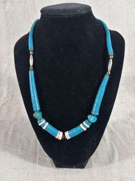 Heishi and turquoise with silver accent beaded necklace - no clasp - 30 grams image