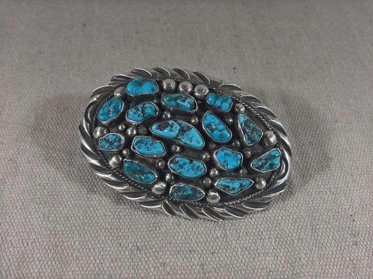 Heavy Apachito marked belt buckle with turquoise nuggets 3 1/2 x 2 1/2” 85.12 g total weight image