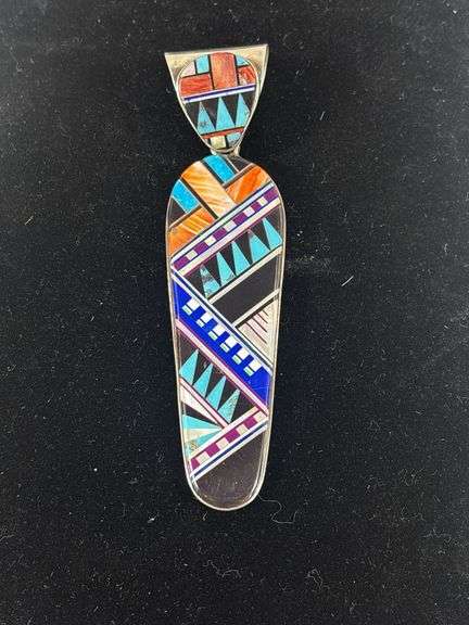 Sterling and maker marked Zuni inlaid pendant, 4 1/2 inches long 50.36 g total weight image