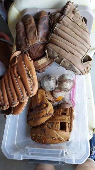 Baseball & Softball Gloves, Balls, Wooden Bat. Gloves are youth/pony & adult sizes image