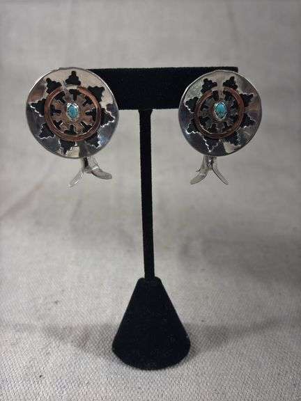 Handcrafted concho with blossom post earrings, unmarked with turquoise stones and copper accent 16 grand total weight image