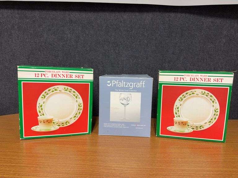Two boxes 3pc porcelain dinner set for 4 and Pfaltzgraff Winter Frost collection 4pc goblet set image