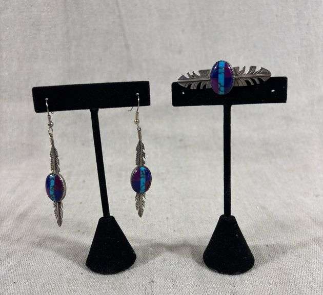 Sterling and purple stone feather motif brooch and earrings set 13 g total weight image