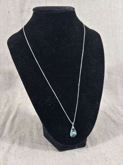 Nastacio marked Zuni inlaid pendant and Sterling chain 4 grams total weight image