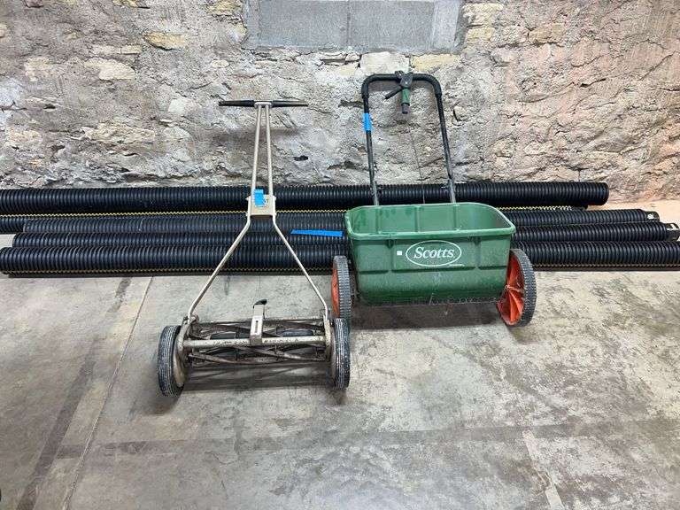 Corrugated pipe 4 at 4 in by 10 ft, two at 3 in. X 10 ft, Scott's Accugreen drop spreader 20-in width, Scott's Silent reel mower 18-in wide cut. image