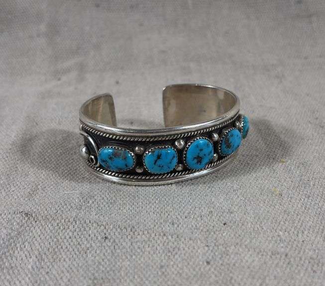 R Charley stamped sterling and turquoise five stone traditional Navajo style cuff 46 g total weight image