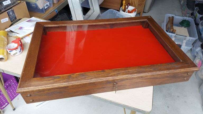 Wood Glass Front Locking Display Case, hardwood with KEYS, lined with red felt, 36"W x 24"L x 5"H image