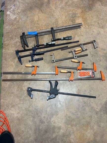 F-Style clamps one at 18 in, one at 24 in. Pony Clamps - One at 30 in, one at 24 in, one at 12 in, two 4-in deep clamps at 24-in image