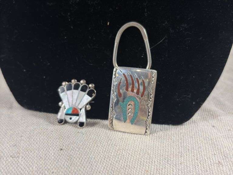 Sterling HB inlaid turquoise and coral bear claw keychain clip, and Zuni inlaid brooch, unmarked Sunface with mother of pearl image