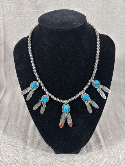RB Sterling turquoise and coral feather beaded necklace 32 g total weight image