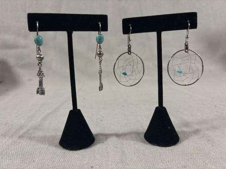 Sterling and turquoise dangle earrings with arrow and unmarked, dreamcatcher dangle earrings image