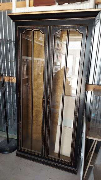 Glass front double door cabinet, glass shelves, lights untested, 76"H x 35"W x 12"D (depth not including doors or cornice) image