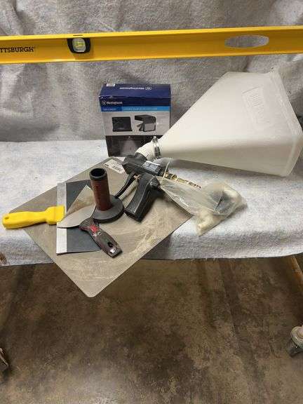 Mad Boss drywall texture sprayer, 6-ft Pittsburgh level, Milwaukee Hole Hawg, Marshalltown 14-in magnesium hawk. image