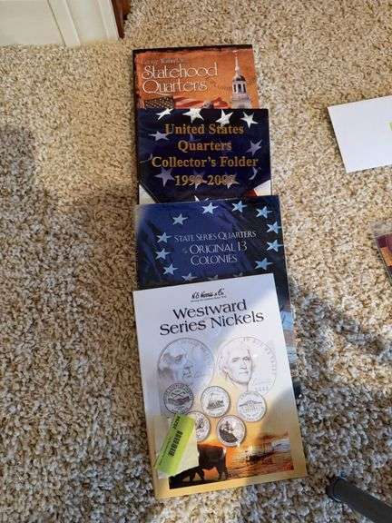Westward Series Nickels, State Series Quarters Original 13 Colonies, US Quarters Collectors Folders 1999-2009 and George Washington Statehood Quarters image