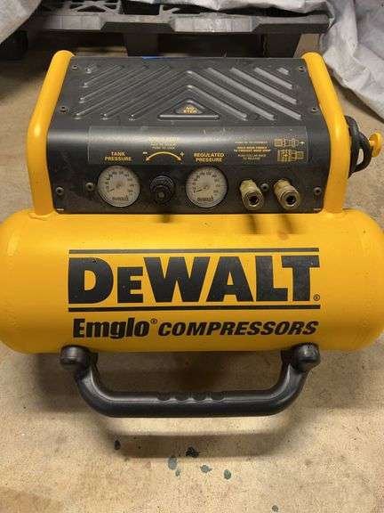 Dewalt Englo compressor, 4-1/2 gallon horizontal tank with coiled hose. Cincinnati 6-in grinder. image