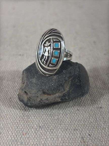Vintage Hopi Kachina ring with turquoise inlay size 6, 11 g total weight image