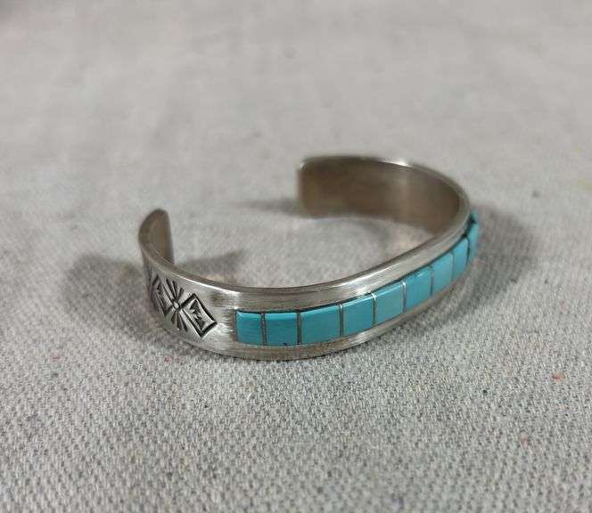C Benally Sterling stamped turquoise cuff - has been repaired - 34 g total weight image