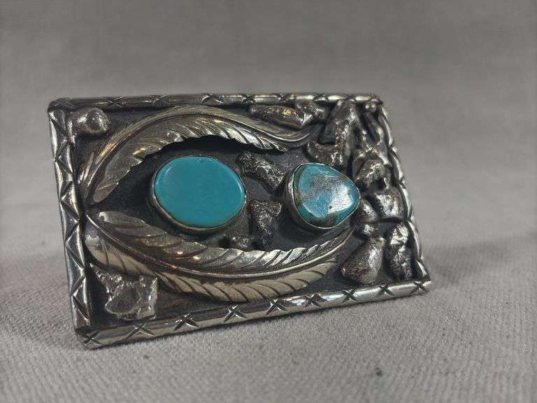 Unmarked vintage rectangular belt buckle with turquoise stones 3 1/2 x 2 1/2” 88.82 g total weight image