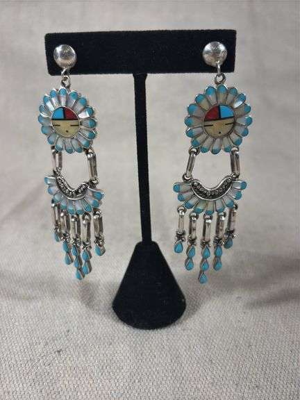 Stunning sterling HP Zuni sunface inlaid with mother-of-pearl 4 inch post earrings image