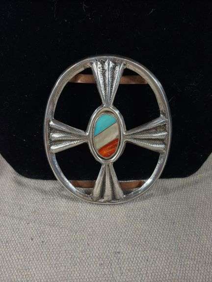 Unmarked, vintage cast inlaid coral, turquoise, and mother of pearl concho slide 63 g image