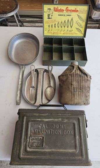 Stainless steel military mess kits, canteen, ammo box, Water Gremlin sinker box image