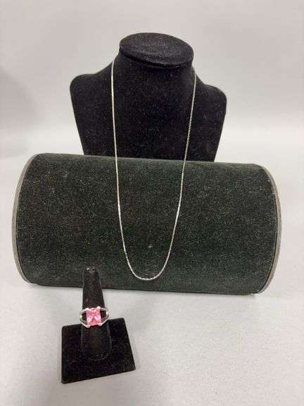 Size 8.5 pink stone ring marked LS, 18” necklace marked Japan image