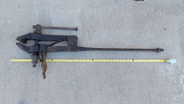 Antique Blacksmith 40" Post Leg Vise forge tool. Jaws estimated 3-3/4" open. Dimensions: 4"W x 41"L x 16"H, standard antique condition minor rust patina (not restored), no major damage, all parts intact and functional. image
