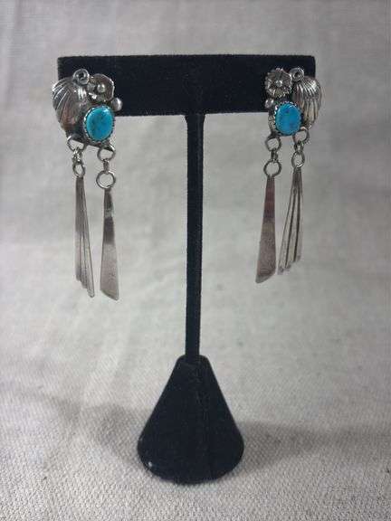 AB marked Sterling and turquoise vintage Navajo style dangle earrings 7.2 g total weight image