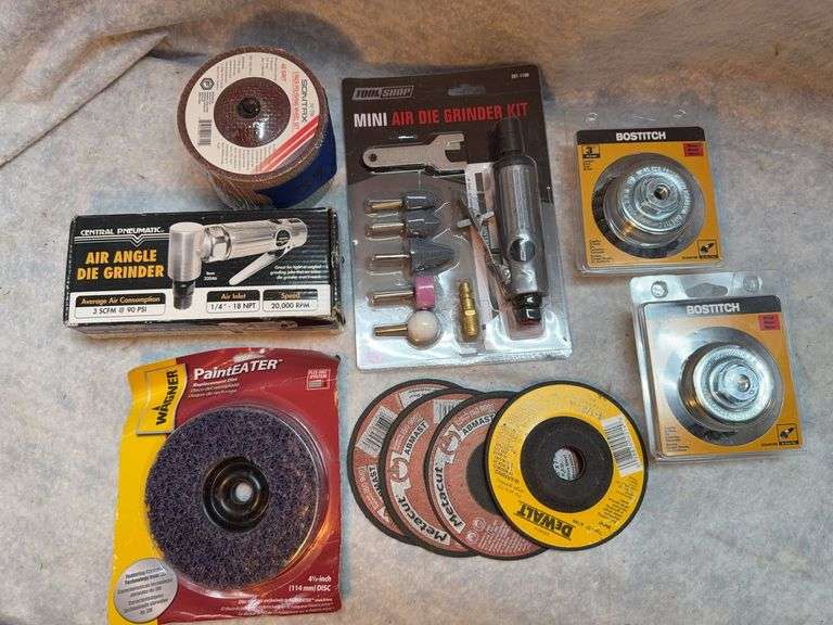 Miscellaneous lot consisting of angle grinder discs, two Bostitch 3-in wire cup brushes, one braided wire cut brush, five pack 4-in polishing wheel set, 3.045 in thick metal abrasive grinding disc, widener Paint Eater abrasive disc, Tool Shop mini air dye grinder kit. image