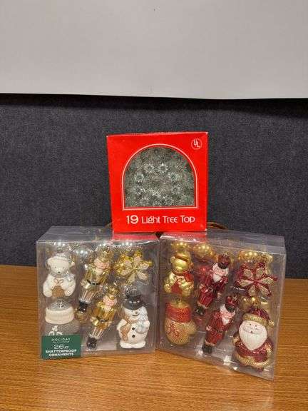 Wicker basket with 2 boxes NEW 26ct shatterproof ornaments and a tree topper image