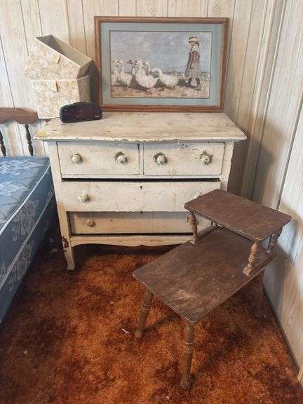 Antique wooden dresser, side table, and picture of girl with geese image