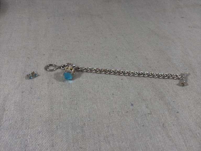 Aquamarine and sterling heavy chain bracelet and stud earrings 44 g total weight image