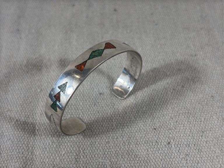 Unmarked Coral and Sterling inlaid cuff 19.8 g total weight image
