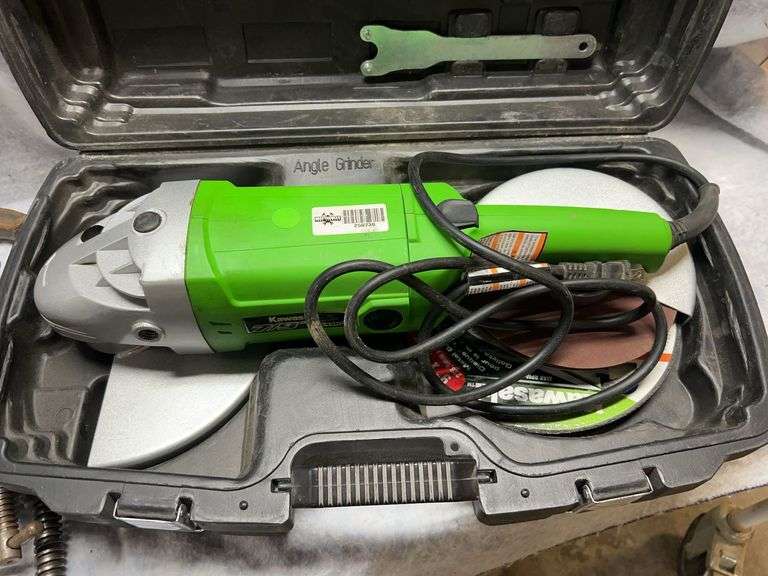 Lot consisting of C clamps - one 8 in, two 6 in and one 4 in. Kawasaki angle grinder 7 and 9-in capacity. Extra grinding wheels and sanding pads. image