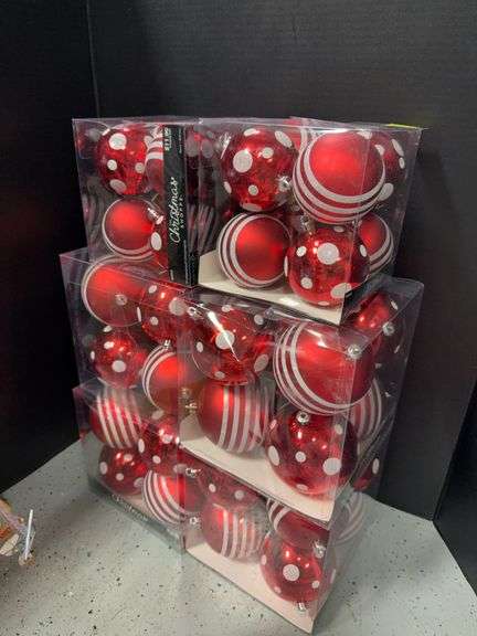 Six boxes red and white Christmas Shoppe balls image