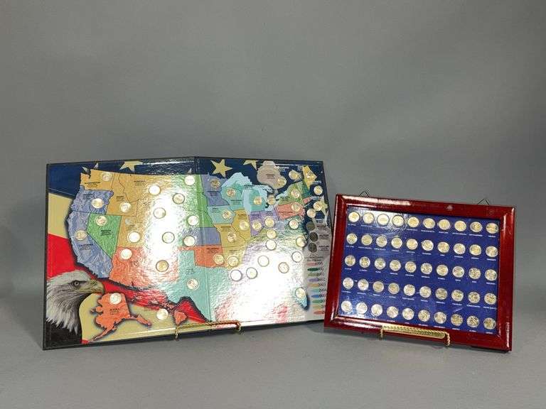 Framed quarters of the fifty states and 50 State quarters in collector map by year of release, both complete image