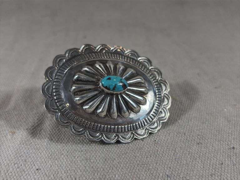 Unmarked pendant/brooch with turquoise 3” x 2 1/2” 38 g image